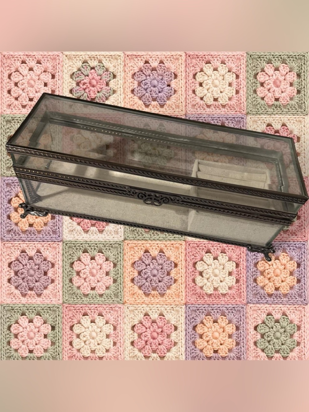 Vintage-Style Glass Jewelry Display Case in Black Metal